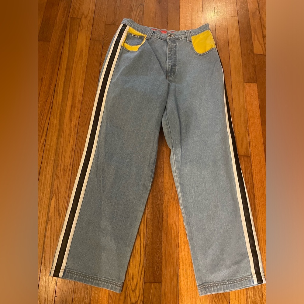 Revolt Jeans SZ 16 Striping Detail Yellow Faux Leather Detail Waist 34 Inseam 29